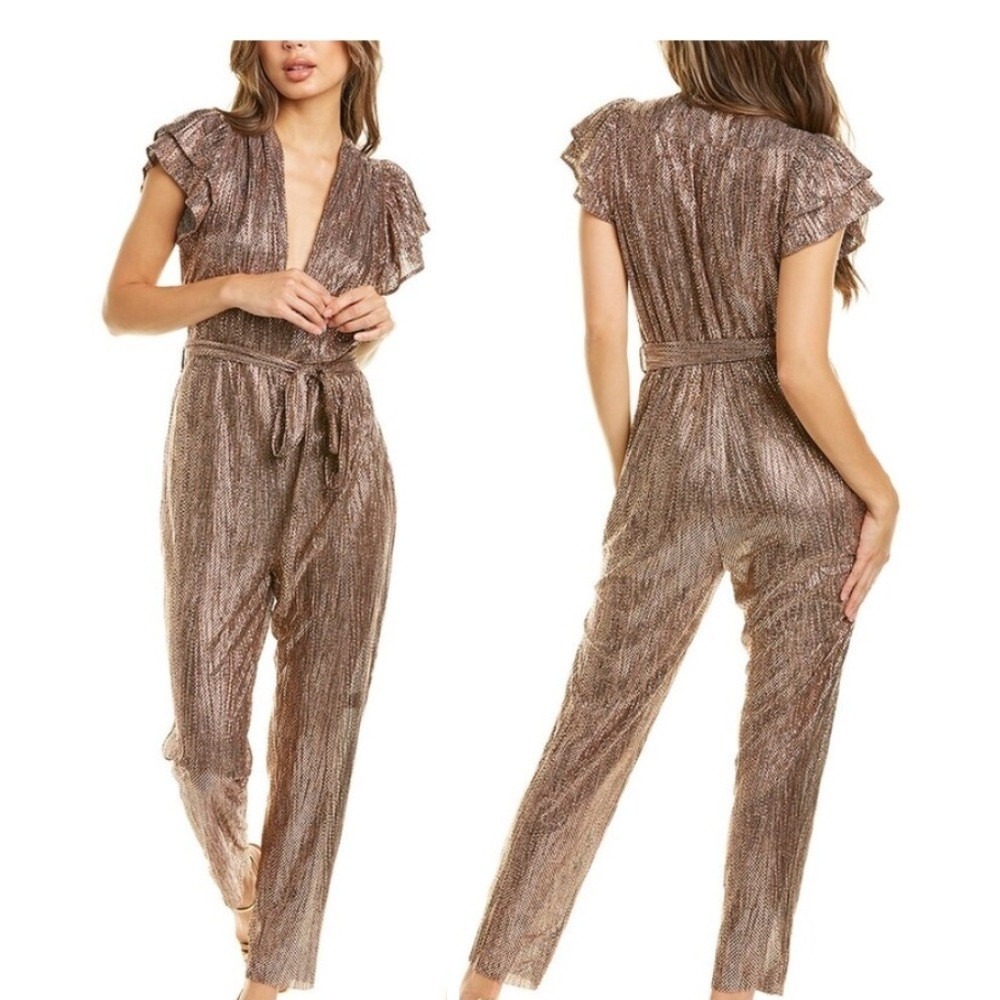 Sabina Musayev Cooper Jumpsuit Size XS Bronze Metallic Ruffle Sleeve Front Zip